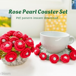 Motif de sous-verre au crochet rose perle - Motif au crochet PDF | Décoration d'intérieur DIY facile pour débutants|fête des mères|pendaison de crémaillère|bouquet de fleurs