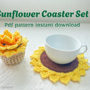 Padrão de porta-copos de crochê de girassol em PDF – Tapete de caneca com flores, porta-copos de crochê faça você mesmo, Decoração de mesa de verão, Download instantâneo