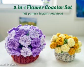 2 in1 Floral Crochet Coaster Pattern Set with Video – Flower Pot & Rose | No sew | DIY Home Decor Gift