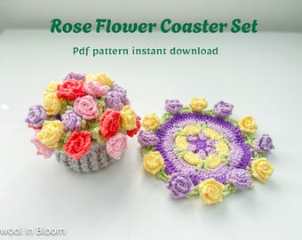 Crochet Flower Coaster Pattern – Easy Beginner PDF – Rosa Floral Design for Home Decor or Mug Rug – Step-by-Step Crochet Tutorial