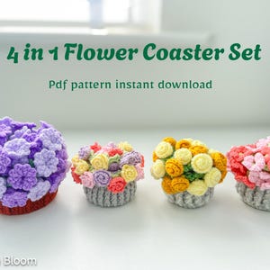 4in1 フラワーコースターかぎ針編みパターンバンドル PDF - バラ、アジサイ、ブルーベル、フローラルバスケット | 初心者向けかぎ針編みパターン | すぐにダウンロード