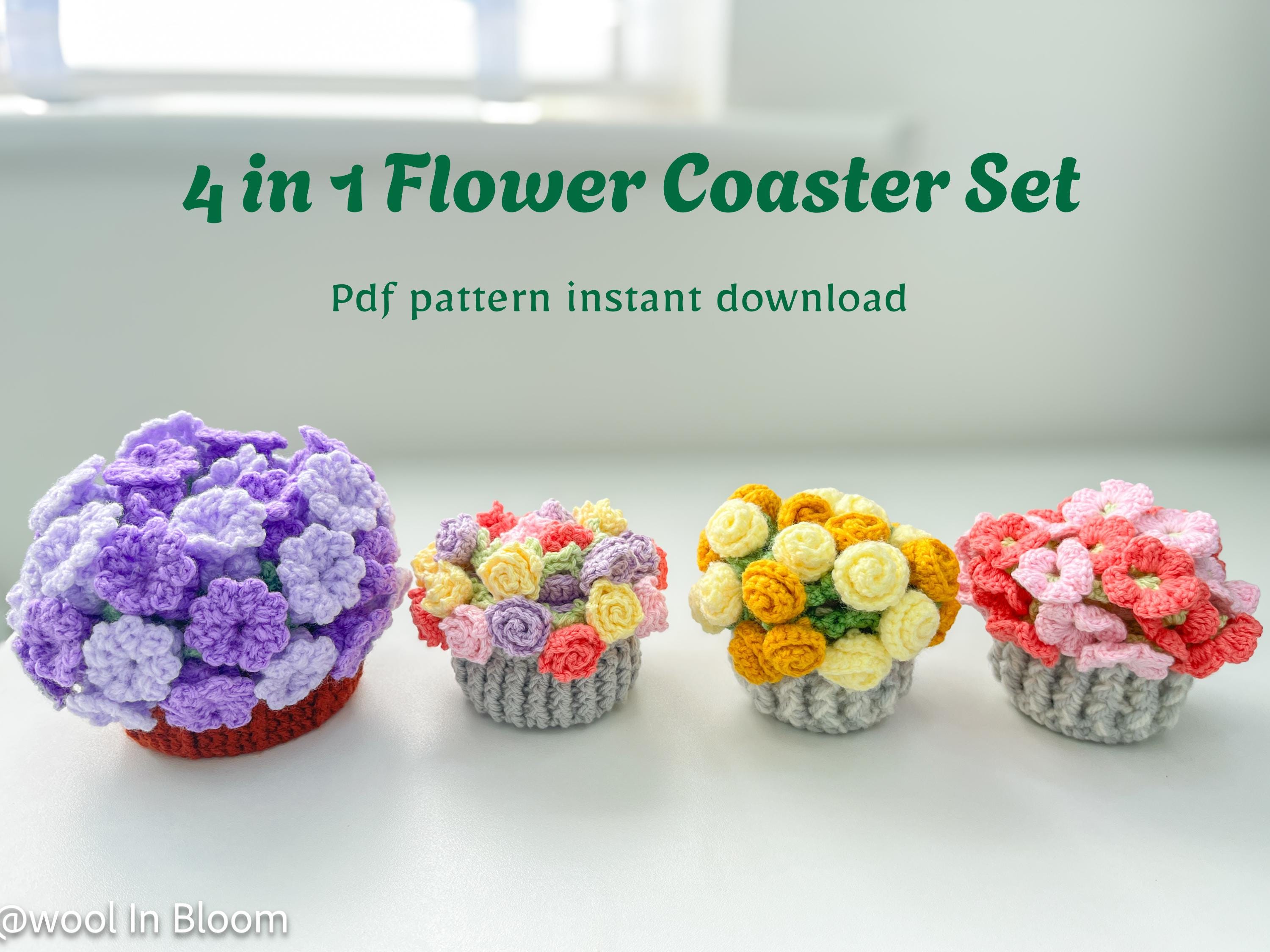 4-in-1 Flower Coaster Crochet Pattern Bundle PDF - Rose, Hydrangea, bluebell & Floral Basket | No sew Crochet Pattern | Instant Download
