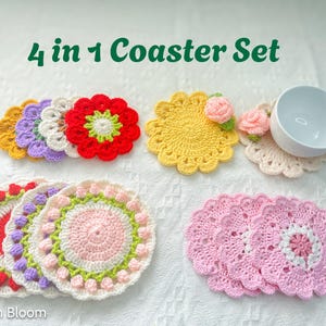 Flower Coaster Crochet Pattern Bundle: 4 Floral Designs (PDF Digital Download)