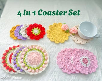 4 in 1 Flower Coaster Crochet Pattern Bundle – PDF Digital Download – Easy Floral Coasters, Spring Home Decor, Crochet Gift Ideas