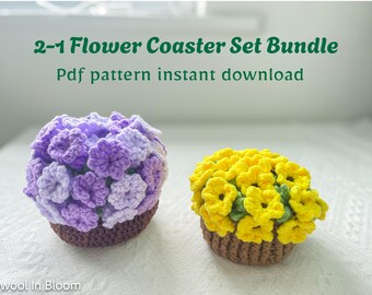 Sunflower & Bluebell Coaster Crochet Pattern Bundle – No Sew Flower Crochet PDF | Easy Spring Decor Tutorial | Floral Mug Rug
