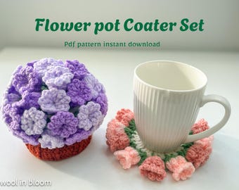 Flower pot Coaster Set Pattern – DIY Floral Coaster, No sew Home Decor, housewarming or Mother’s Day with Video Tutorial