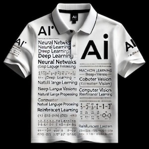 May include: A white polo shirt with black text and the word "AI" printed on the front. The text includes terms related to artificial intelligence, such as "neural networks", "deep learning", "machine learning", and "computer vision".