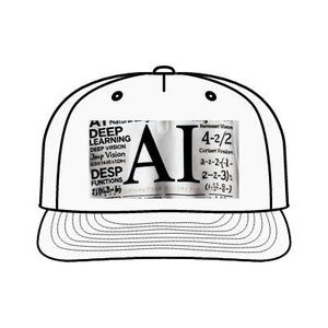 May include: A black and white baseball cap with a white patch on the front that says "AI" and has text about deep learning and functions.