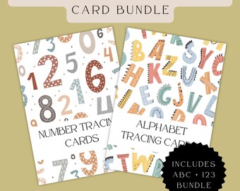 May include: Two printable cards with colorful alphabet and number tracing activities. The cards feature a white background with colorful letters and numbers. The text on the cards reads "Alphabet Tracing Cards" and "Number Tracing Cards". The cards are part of a bundle that includes both alphabet and number tracing activities.