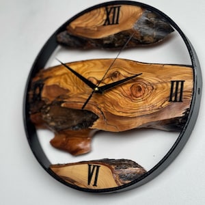 Wood and Metal Wall Clock, Big Wooden Wall Art, Made to Order Metal & Olive Wooden Wall Clock, Farmhouse Style Live Edge Wall Clock HandMade
