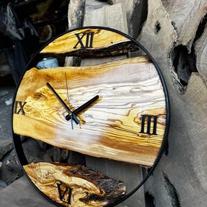 Big Wood and Metal Wall Clock, Wooden Wall Art, Made to Order Olive Wood Wall Clock, Farmhouse Style Kitchen Live Edge Wall Clock, Home Gift