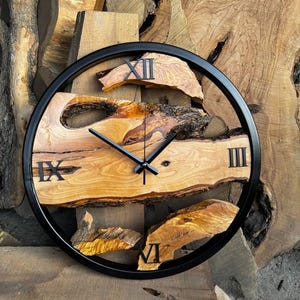 HandMade Wood and Metal Wall Clock, Big Wooden Wall Art, Made to Order Metal & Olive Wooden Wall Clock, Farmhouse Style Live Edge Wall Clock
