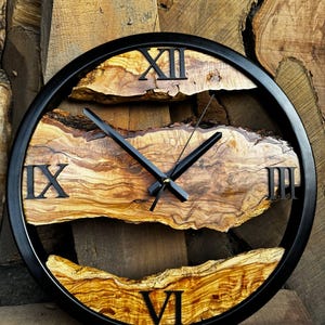 Unique Live Edge Wood Wall Clock, Olive Wooden Wall Clock, Metal Frame Wall Art, Custom Made Wall Decor, Rustic Extra Large New Home Gift,