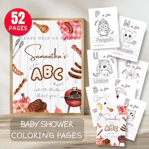 Libro para colorear BabyQ ABC rojo editable para baby shower, primer libro ABC para bebé con temática de barbacoa neutra, juego rústico del alfabeto, folleto de actividades para jardín mixto