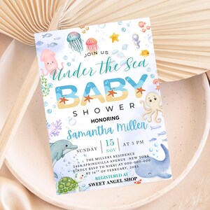 Modèle d'Invitation baby shower sous la mer, fête des animaux de l'océan, Evite nautique neutre téléchargement immédiat, carte d'invitation garçon bleu imprimable