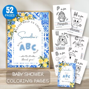 Libro da colorare personalizzato per baby shower con l'alfabeto al limone, primo libro dell'alfabeto per bambini di Citrus Arch, gioco dell'alfabeto con le piastrelle blu, attività stampabile in italiano
