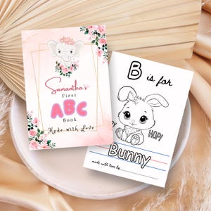 Libro para colorear con elefantes y el alfabeto para baby shower, libro con el alfabeto floral rosa para el primer bebé, juego de alfabeto con elefante y cacahuete para niña, folleto de actividades.