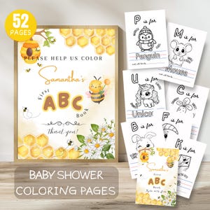 Libro para colorear editable "A Little Honey Is On The Way" para baby shower, primer libro del abecedario para bebés con abejas neutras, folleto de actividades con juegos del alfabeto