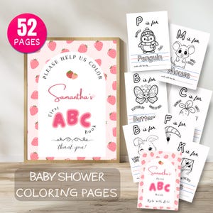 Libro para colorear editable con el abecedario, juego para baby shower de niña con fresa rosa, primer libro del abecedario del bebé, libro imprimible con el abecedario de frutas dulces.