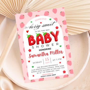 Modèle d'Invitation pour baby shower aux fraises, fête sucrée aux baies, fille fruit Evite téléchargement immédiat, carte d'invitation minimaliste moderne imprimable