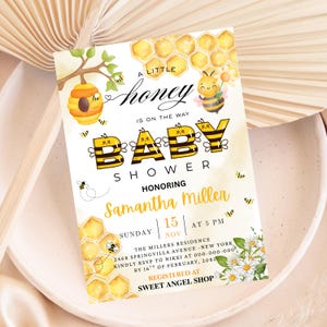Modèle d'Invitation pour baby shower abeille, fête Un peu de miel est sur le chemin, carte d'invitation fleur marguerite à téléchargement immédiat bourdon Evite imprimable