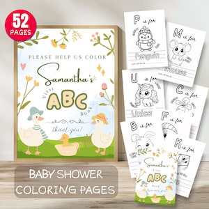 Libro para colorear editable del alfabeto del ganso tonto para baby shower, libro del alfabeto para el primer bebé en tonos pastel de género neutro, folleto de actividades del juego del alfabeto de la Madre Ganso