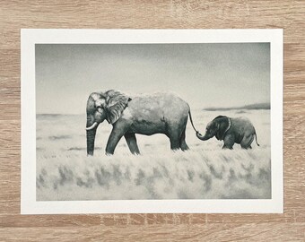 Tirage d'art Éléphants, édition limitée, 17 x 24 cm, imprimé sur papier aquarelle Hahnemühle de haute qualité, livraison incluse