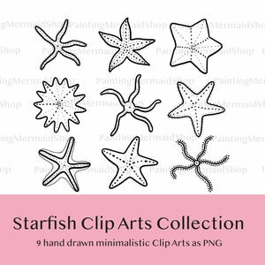 Könnte beinhalten: Eine Sammlung von neun schwarz-weißen Starfish-Cliparts in verschiedenen Designs. Der Text "Starfish Clip Arts Collection" und "9 hand drawn minimalistic Clip Arts as PNG" ist enthalten.