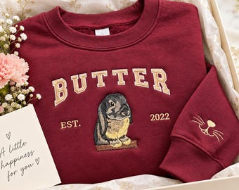 Custom Embroidered Sweatshirt - Bunny Portrait Sweatshirt with Photo - Personalized Rabbit Mom Crewneck - Christmas Gift for Pet Lover
