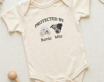 Embroidered Baby Bodysuit with Pet Portrait - Custom Protected By Pet Bodysuit - New Best Friend - Personalized Pet Sibling Outfits