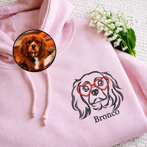 May include: A light pink hoodie with a drawstring hood and a front pocket. The hoodie features an embroidered dog wearing heart-shaped glasses, with the name "Bronco" below. A small circular image of a dog is on the upper left.