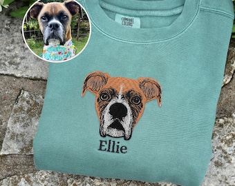 Custom Embroidered Pet Face Portrait Sweatshirt: Comfort Colors Personalized Pet Memorial Crewneck, Dog Mom Gift