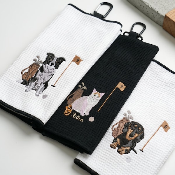 Toalla de golf personalizada para mascotas con foto de mascota - Toallas con retrato de mascota bordado - Toalla de golf con cara de perro - Accesorios para gatos - Regalo para amantes del golf