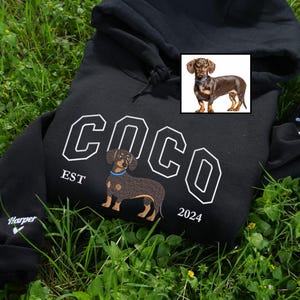 Black embroidered hoodie featuring a brown dachshund with blue collar and “COCO EST. 2024” in varsity block letters. Personalized sleeve embroidery “Harper ♥” adds a custom touch — unique embroidered dog lover hoodie.