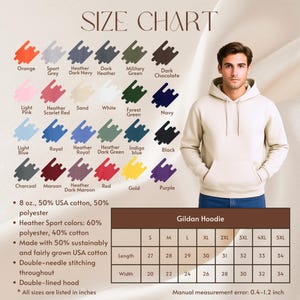 May include: A beige Gildan hoodie with a size chart and color swatches. The chart displays various colors like orange, navy, and black. The size chart shows measurements in inches, with a manual measurement error of 0.4-1.2 inches.