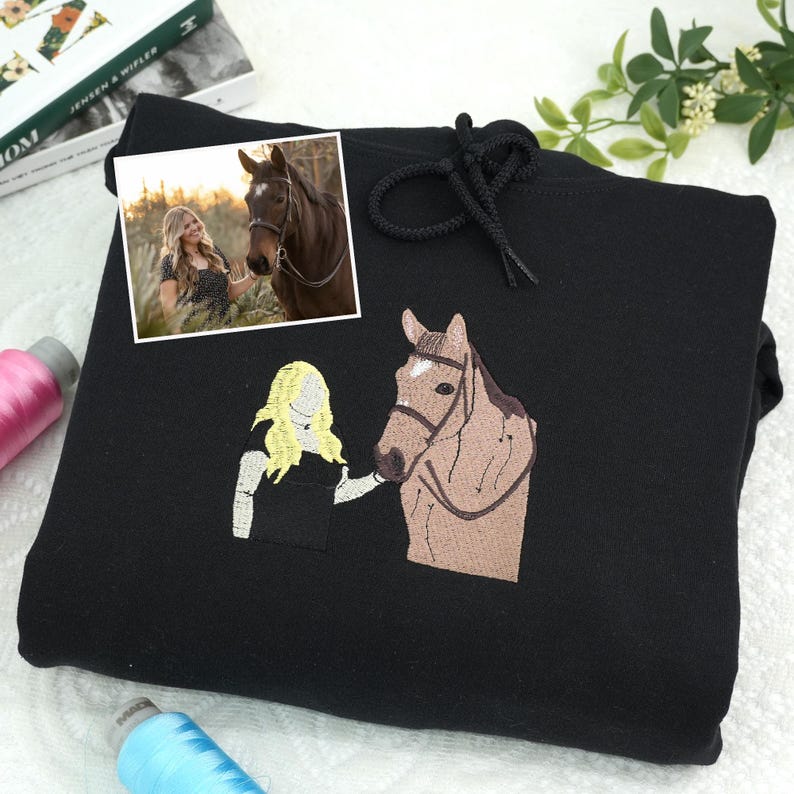Custom Embroidered Portrait Sweatshirt From Photo - Personalized Horse Portrait Shirt - Horse Riding Sweatshirt - Gift for Horse Lover image 3