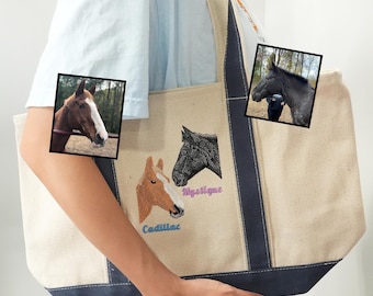 Animal Tote Bag for Womens | Custom Embroidered Pet Portrait Canvas Tote Bag, Personalized Horse Dog Cat or Bird