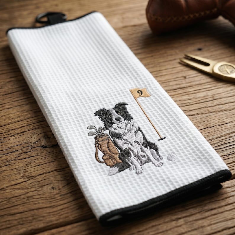 K&ouml;nnte beinhalten: Wei&szlig;es Golfhandtuch mit schwarzem Rand und schwarzer Schlaufe. Das Handtuch zeigt ein gesticktes Bild eines Border Collie-Hundes neben einer Golftasche, einem Golfball und einer Fahne mit der Nummer 9.