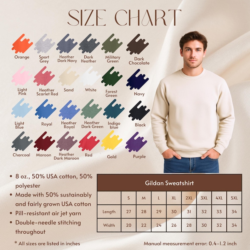 May include: A man wearing a cream-colored Gildan sweatshirt stands next to a size chart. The chart displays various sweatshirt colors, including orange, navy, and purple. The size chart provides length and width measurements in inches for sizes S to 5XL.