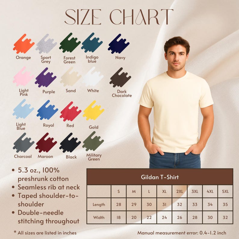May include: A Gildan T-shirt size chart with various colors, including orange, navy, and black. The chart displays shirt sizes from S to 5XL, with length and width measurements in inches. The model is wearing a cream-colored T-shirt.