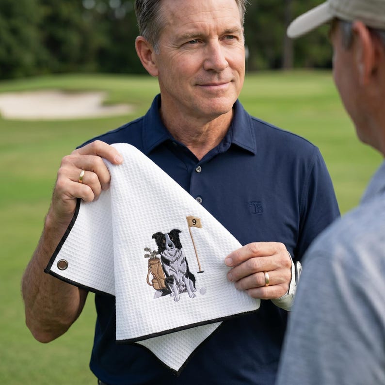 K&ouml;nnte beinhalten: Wei&szlig;es Golfhandtuch mit schwarzem Rand und Waffelstruktur. Das Handtuch zeigt ein gesticktes Bild eines Border Collie-Hundes, einer Golftasche und einer Fahne mit der Nummer 9. Das Handtuch wird von einer Person gehalten.