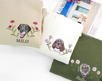Birth Month Flower Embroidery Custom Pet Sweatshirt - Dog Face Embroidered Sweatshirt - Cat Crewneck - Pet Portrait Pullover -Pet Lover Gift