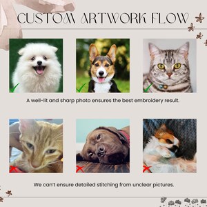 May include: An image illustrating the custom artwork process, featuring pet portraits. The top text reads "CUSTOM ARTWORK FLOW." The image shows examples of good and bad photos for embroidery, with text emphasizing the importance of well-lit, sharp photos for detailed stitching.