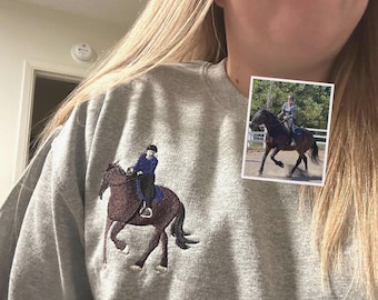 Custom Embroidered Portrait Sweatshirt From Photo - Personalized Horse Portrait Shirt - Horse Riding Sweatshirt - Gift for Horse Lover