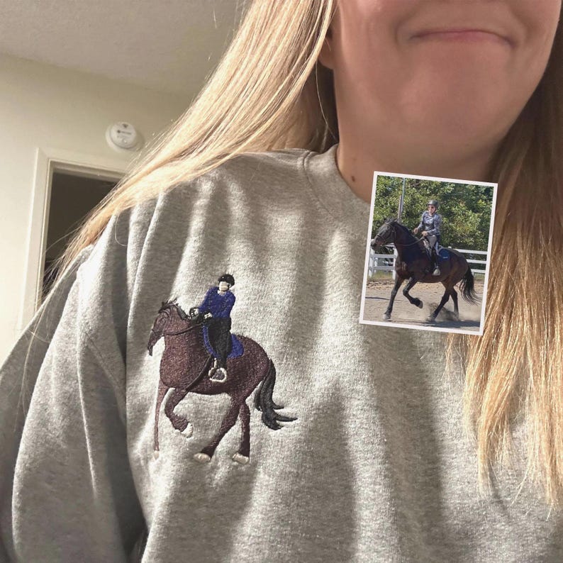 Custom Embroidered Portrait Sweatshirt From Photo - Personalized Horse Portrait Shirt - Horse Riding Sweatshirt - Gift for Horse Lover image 1