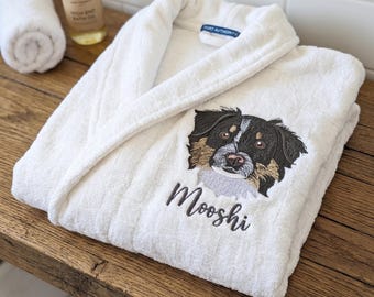 Custom Checkered Terry Shawl Collar Robe with Pet Portrait - Embroidered Dog Dad Bathrobe - Adult Men Women Night Robe - Pet Lover Gift