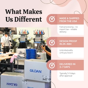May include: Image showcasing the text "What Makes Us Different" with three checkmark icons. The text highlights features like "Made & Shipped From The USA", "Design Proof In 24-48H", and "Delivered In 3-7 Days". Boxes of Gildan apparel are visible.