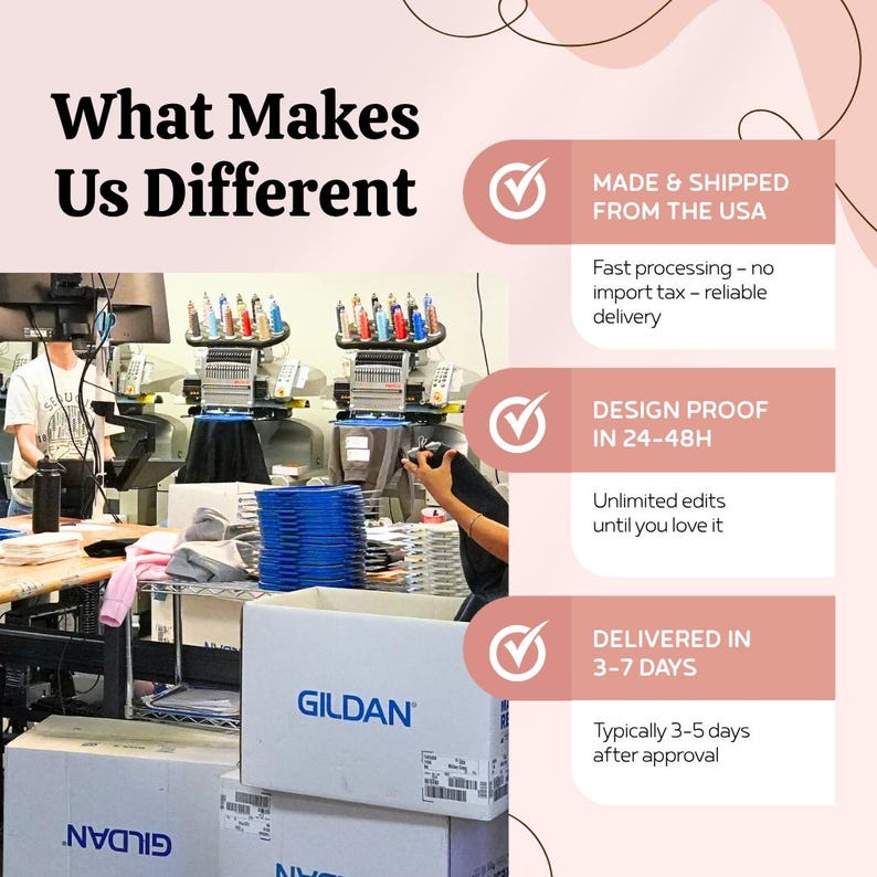 May include: Image showcasing the text "What Makes Us Different" with three checkmark icons. The text highlights features like "Made & Shipped From The USA", "Design Proof In 24-48H", and "Delivered In 3-7 Days". Boxes of Gildan apparel are visible.