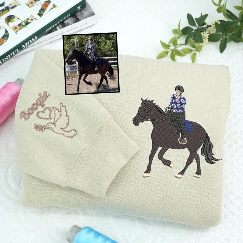 Custom Embroidered Portrait Sweatshirt From Photo - Personalized Horse Portrait Shirt - Horse Riding Sweatshirt - Gift for Horse Lover image 6
