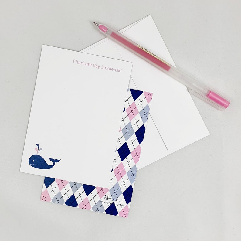 Personalized Notecards Set of 8 Pink and Navy Whale image 1